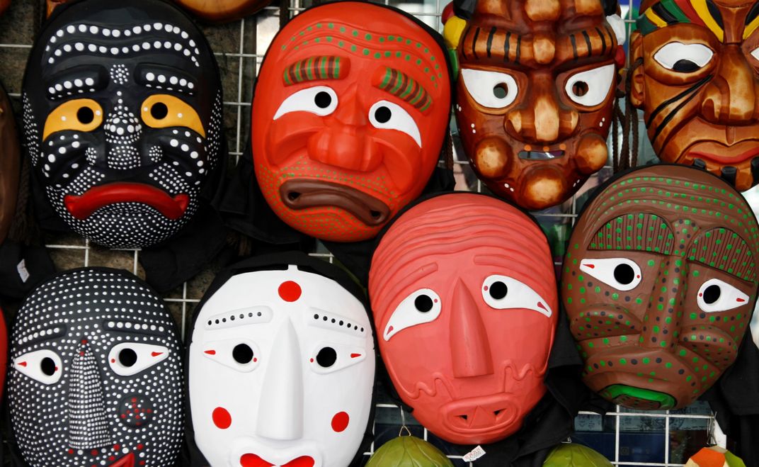 Painted face masks are used in traditional ceremonies and theater