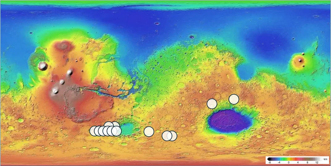 a flat map of Mars' surface with white circles pinpointing 13 spots