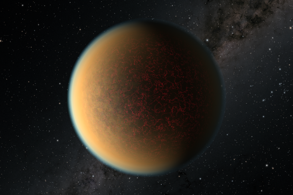 An artist's rendition of the exoplanet in outer space shows its crackly surface, where lava seeps up through a thin crust of rock