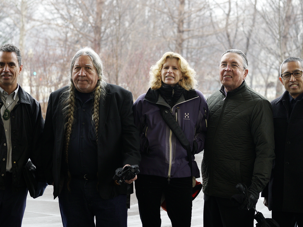 Finalists in the design competition for National Native American Veterans Memorial to be built on the grounds of the National Museum of the American Indian in Washington, D.C. From left to right: Leroy Transfield (Māori: Ngai Tahu/Ngati Toa), Daniel SaSuWeh Jones (Ponca), Stefanie Rocknak, Harvey Pratt (Cheyenne/Arapaho), James Dinh; not shown: Enoch Kelly Haney (Seminole). (Travis Helms, National Museum of the American Indian, Smithsonian)