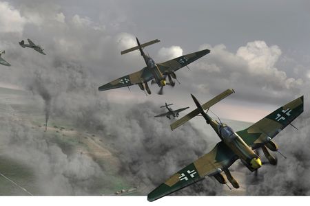 With 37mm cannon in pods beneath their wings, Junkers Ju 87 Stukas dive to attack in this artist’s conception of the battle of Kursk. From the left, Heinkel He 111 bombers prowl for a target amid the chaos below.
