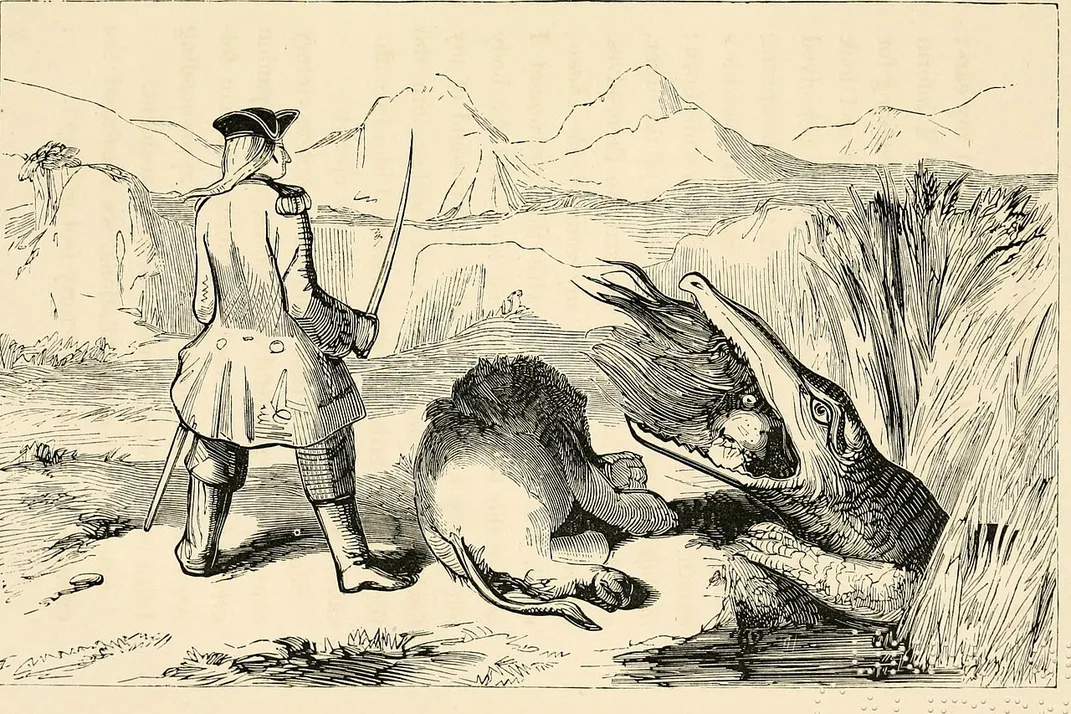 An illustration of Baron Munchausen fighting a crocodile