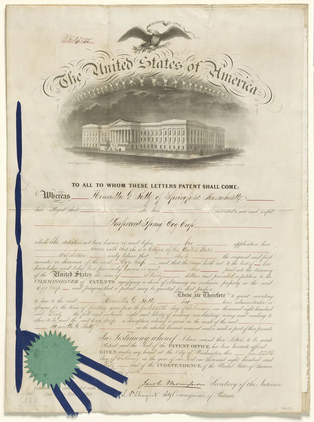 An 1860 letters patent for a "spring egg cup"