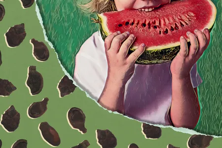 The 6,000-year-old watermelon seeds from Uan Muhuggiag (left) border a child eating a modern watermelon.