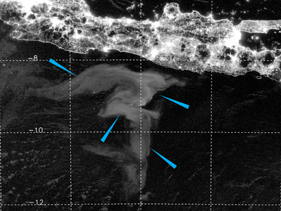 Satellite image of the &ldquo;milky seas&rdquo; event that occurred near the coast of Java in August 2019.