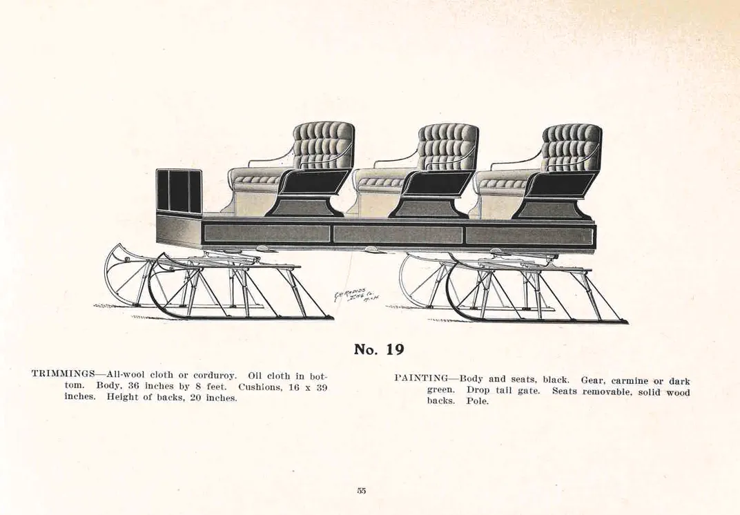 Turn of the 20th century illustration of sleigh with three bench seats.