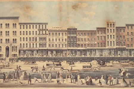 Raising a block of buildings on Lake Street, Chicago, in 1857