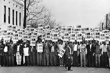I Am A Man, Sanitation workers assemble outside Clayborn Temple, Memphis, TN, 1968.