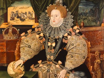 This 1588 portrait of Elizabeth I shows the queen after English troops successfully staved off an invasion by the Spanish Armada. It will be on view as part of a Sotheby&#39;s exhibition on British queens.