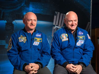 Identical twin astronauts, Scott and Mark Kelly, are subjects of NASA’s Twins Study. Scott (right) spent a year in space while Mark (left) stayed on Earth as a control subject. 