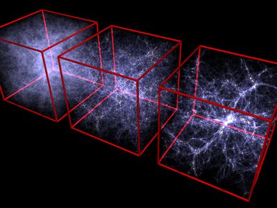 Cosmologists study the large-scale structure and evolution of the universe -- here imagined as it evolved (reading left to right) from 900 million years after the Big Bang to today.