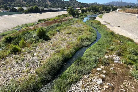 A view of the soft-bottomed Los Angeles River below the 400-foot-long Taylor Yard Bridge in Elysian Valley. The newest Taylor Yard parcel, currently fenced off as it undergoes toxic remediation, can be seen on the far right.