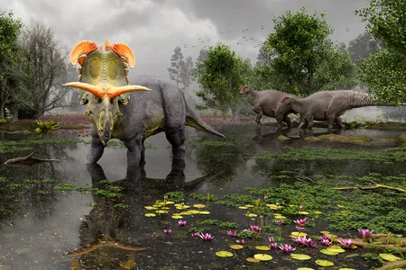 A reconstruction of&nbsp;Lokiceratops&nbsp;in the 78-million-year-old swamps of northern Montana&mdash;as two&nbsp;Probrachylophosaurus&nbsp;move past in the background.