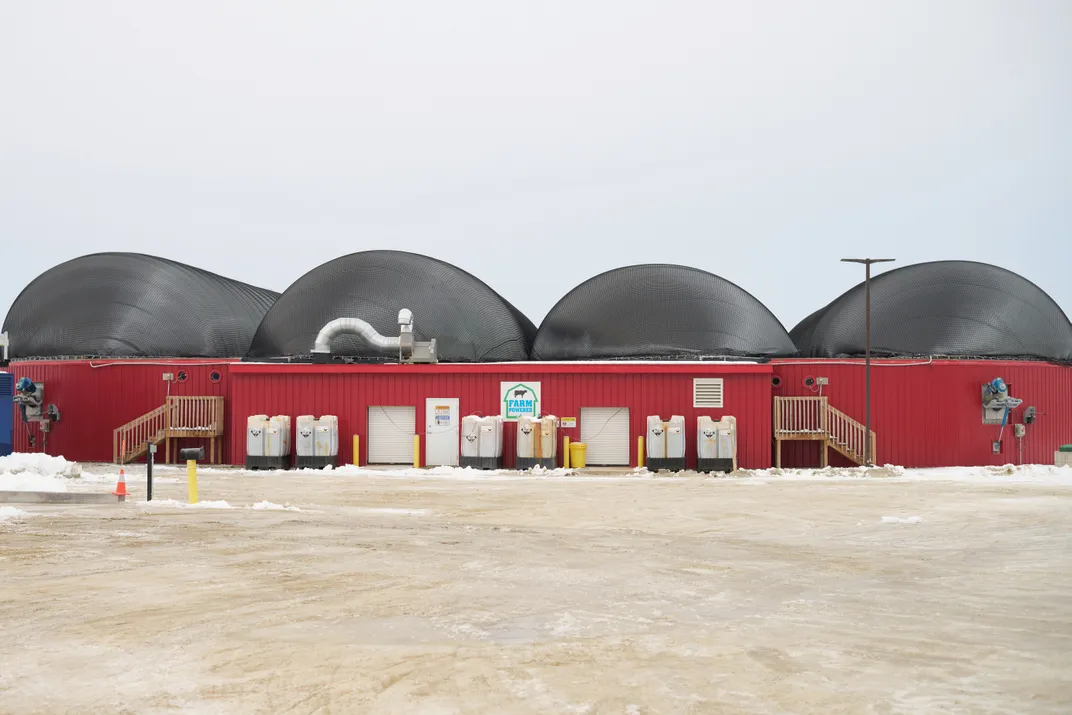 A digester at Goodrich Farm in Salisbury, Vermont. Each tank is covered with material that puffs into a dome as micro-organisms produce methane gas.