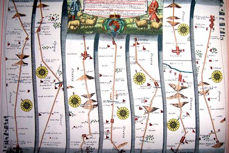 An excerpt from the first road map of Britain, published by John Ogilby when Fiennes was 15, in 1675. No word on whether Fiennes ever saw it, although she did write about visiting a college in Manchester that had a map collection.