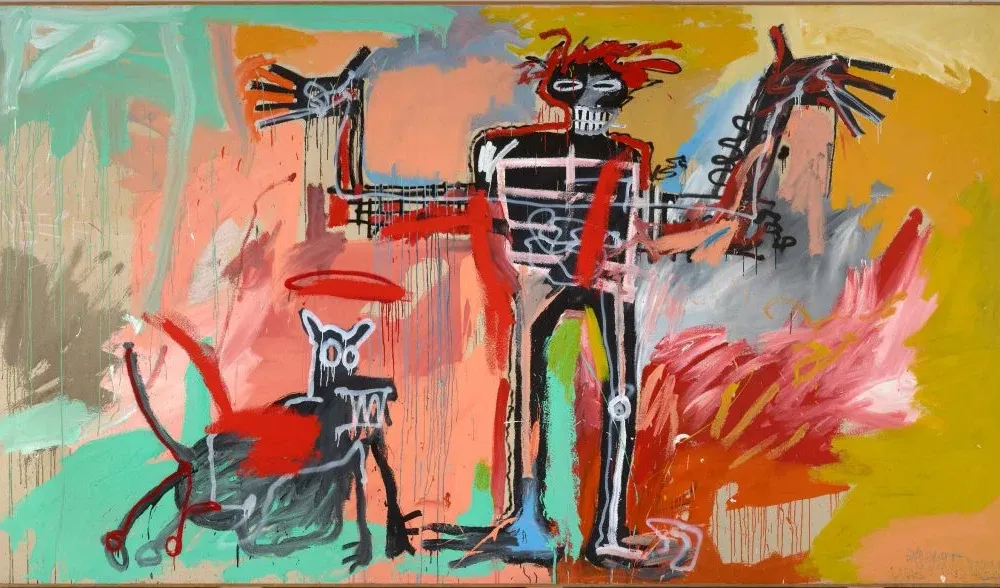 Painting with vivid colors and a skeletal human figure next to a skeletal dog figure