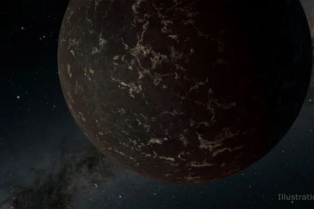 This artist's illustration depicts the exoplanet LHS 3844 b, which is 1.3 times the radius of Earth and orbits an M dwarf star. The planet's surface may be covered mostly in dark lava rock, with no apparent atmosphere, according to observations by NASA's Spitzer Space Telescope.
