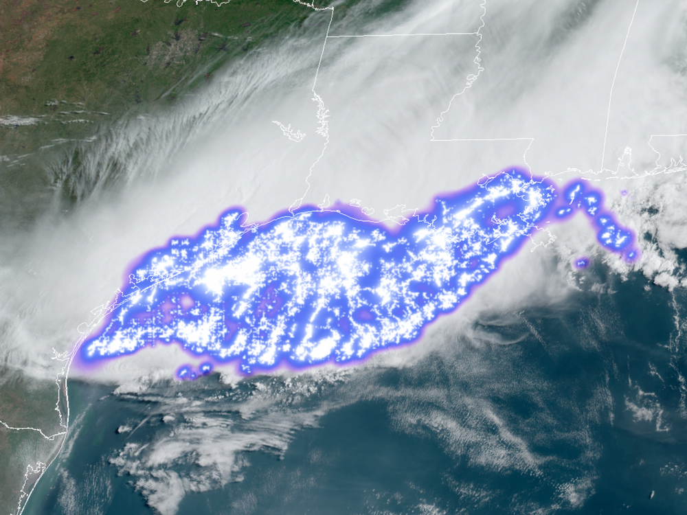 A satellite image of massive thunderstorm over the southern united states