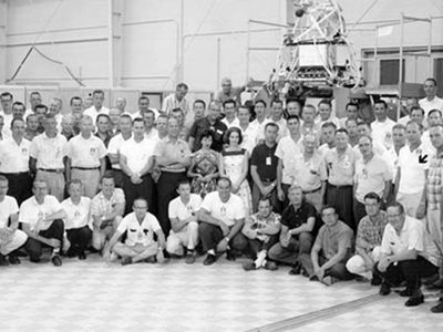 The Mariner 2 team at Cape Canaveral, shortly before launch. Jack James is marked by an arrow at right.