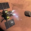 A digital art illustration of the gold and black spacecraft firing its white thrusters to maneuver near a dark, rocky moon, with the reddish surface of Mars visible in the background.