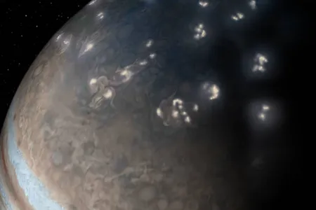 An illustration of lightning on Jupiter's northern hemisphere, using an image from the JunoCam.
