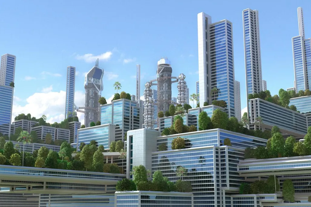 3D futuristic green city.