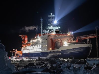 The research vessel in December, two months after mooring to an ice floe nicknamed “the Fortress.”