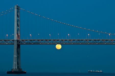 A Supermoon in 2009 rises below the San Francisco Bay Bridge.