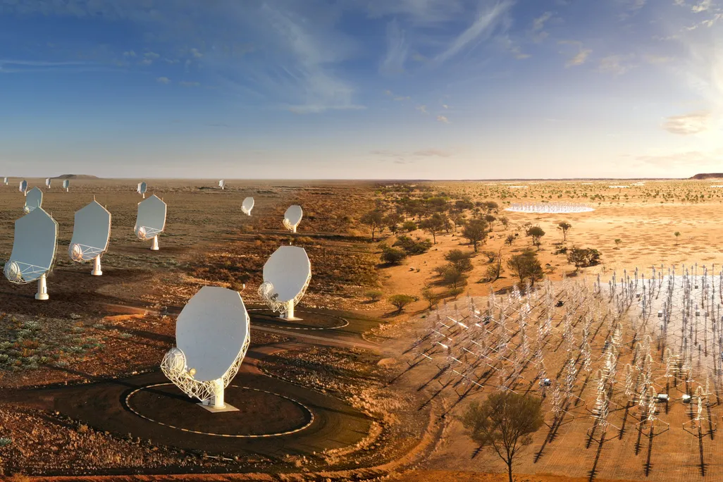 An artist's rendition of the telescope's dishes on the left and the telescope's antennae on the right.