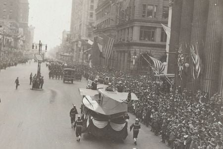 An aircraft hull travels the parade route in Philadelphia