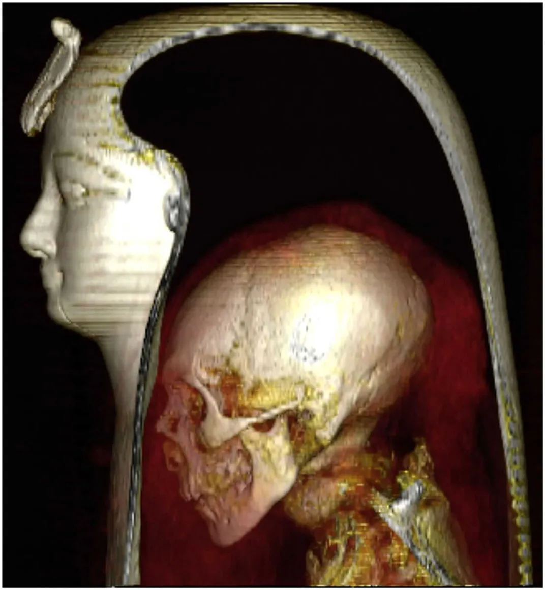 Images of skull inside sarcophagus