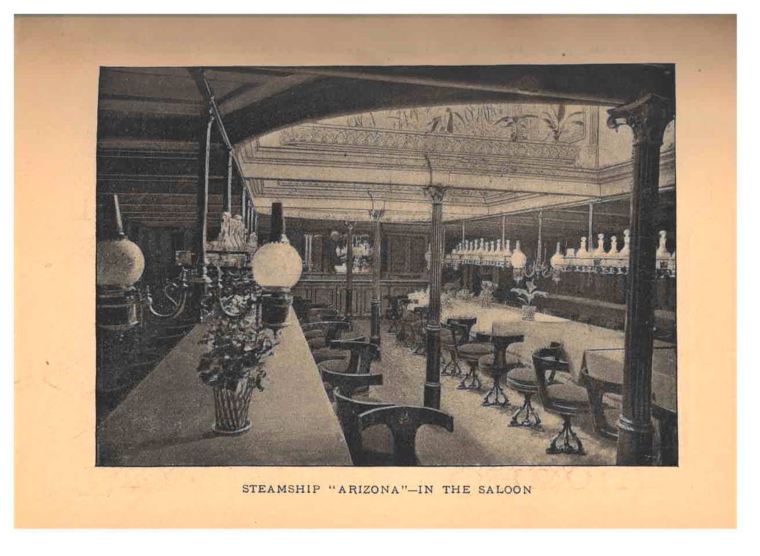 Interior page with illustration of dining room, labeled "Steamship 'Arizona'--In the Saloon"..