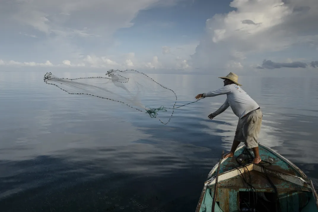 Fisherman stands on a boat, throwing a net into the water