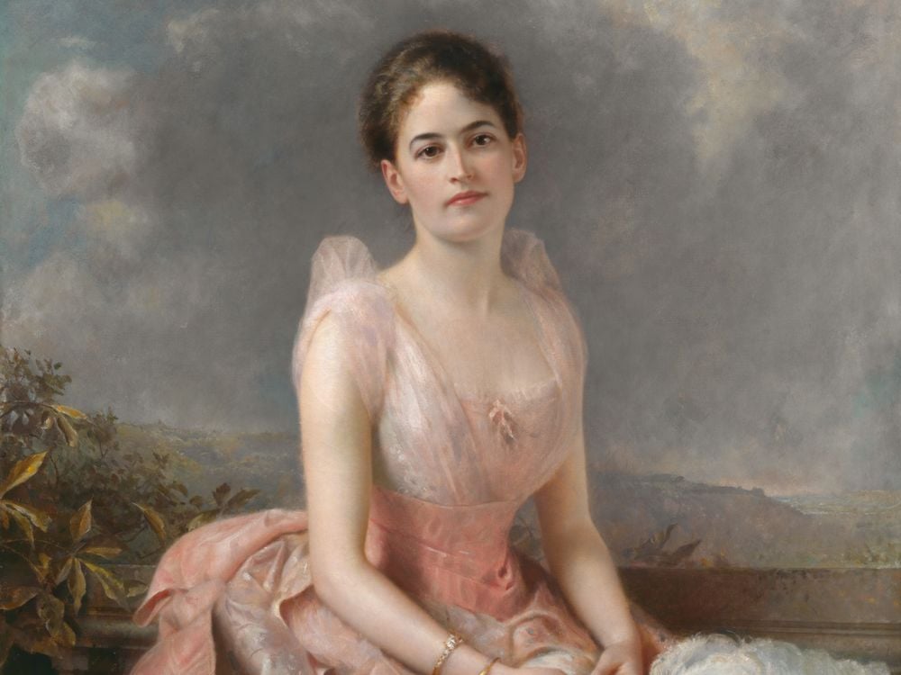 Painted portrait of Juliette Gordon Low seated with her hands resting in her lap.