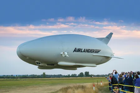 Hybrid Air Vehicles’ prototype AirLander 10 airship embarks 
on a test flight over Cardington, England, in August 2016. The company hopes to have production models flying in 2025.
