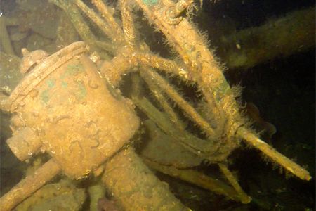 The ship's helm on its flying bridge