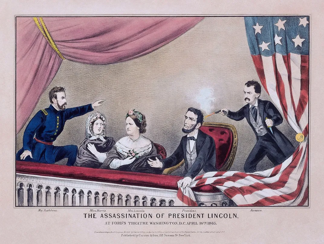 An illustration of the assassination. L to R: Henry Rathbone, Clara Harris, Mary Todd Lincoln, Abraham Lincoln and John Wilkes Booth