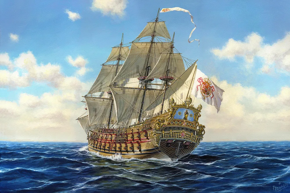 A painting of the San José, commissioned by archaeologist Roger Dooley based on his research on the galleon
