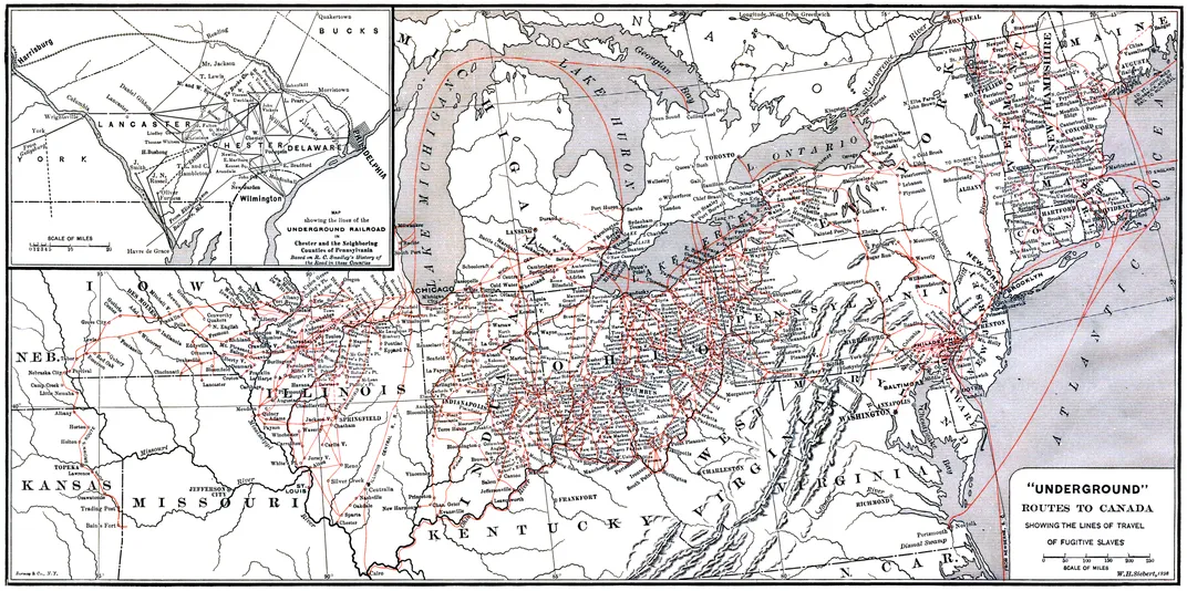 An 1898 map of Underground Railroad routes to Canada