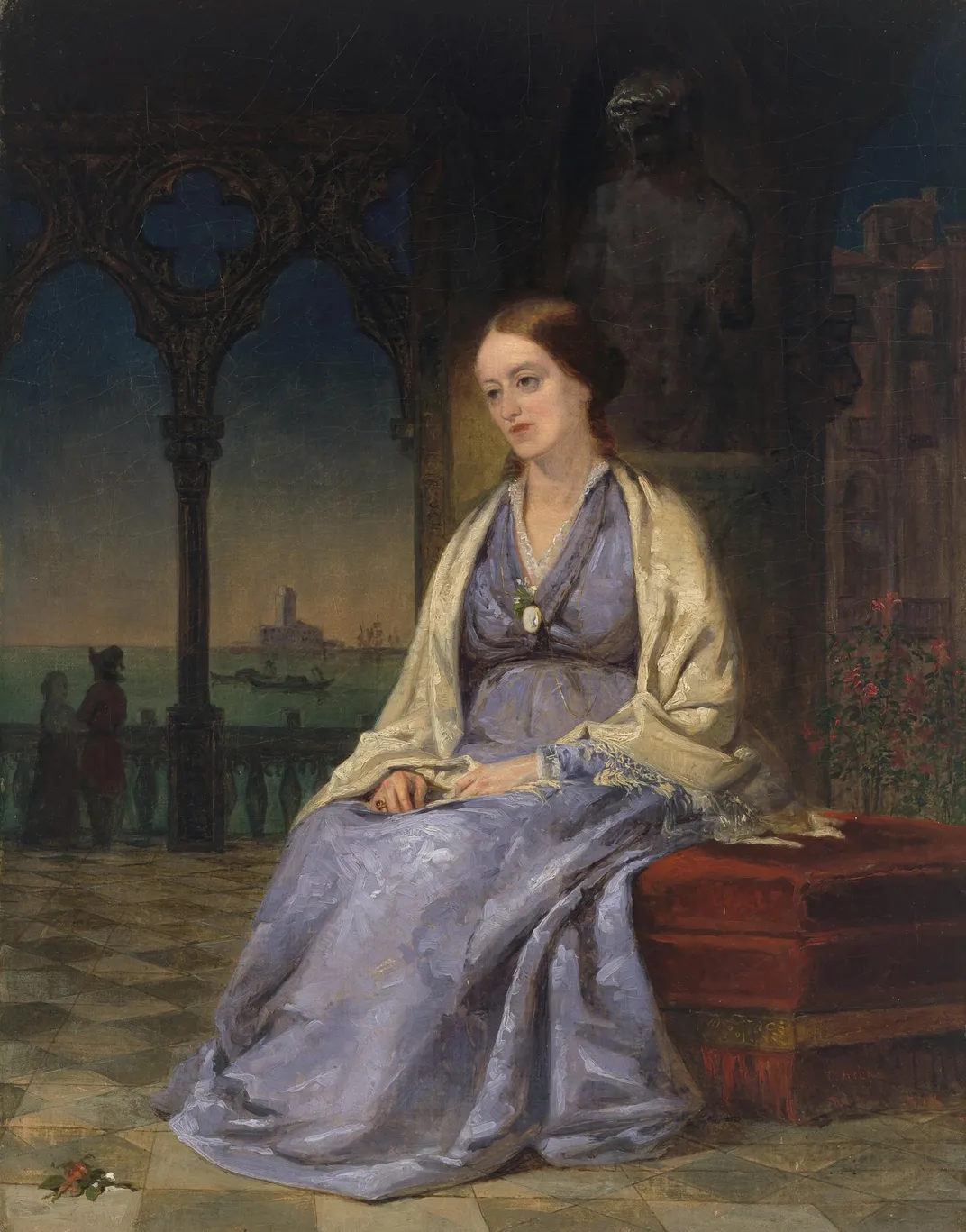 A portrait of Margaret, a white woman with dark blonde hair, seated with hands in her land and wearing a periwinkle dress, with a harbor and ships in the background