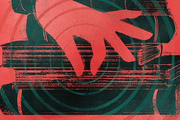 hand pinching book illustration