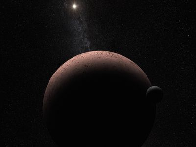 This artist's concept shows the distant dwarf planet Makemake and its newly discovered moon. Makemake and its moon, nicknamed MK 2, are more than 50 times farther away than Earth is from the sun.