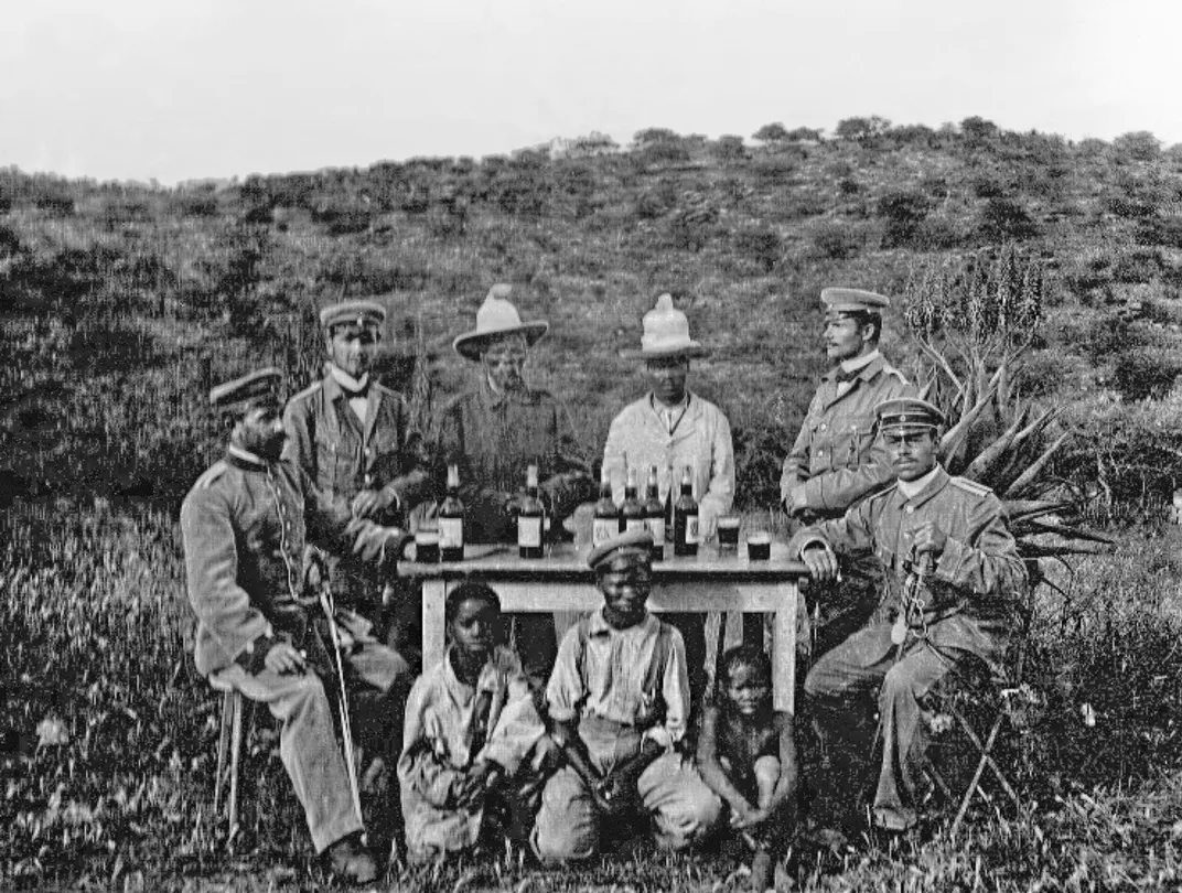 Nama leader Hendrik Witbooi and his son Isaac (center) stand alongside German colonial officers.
