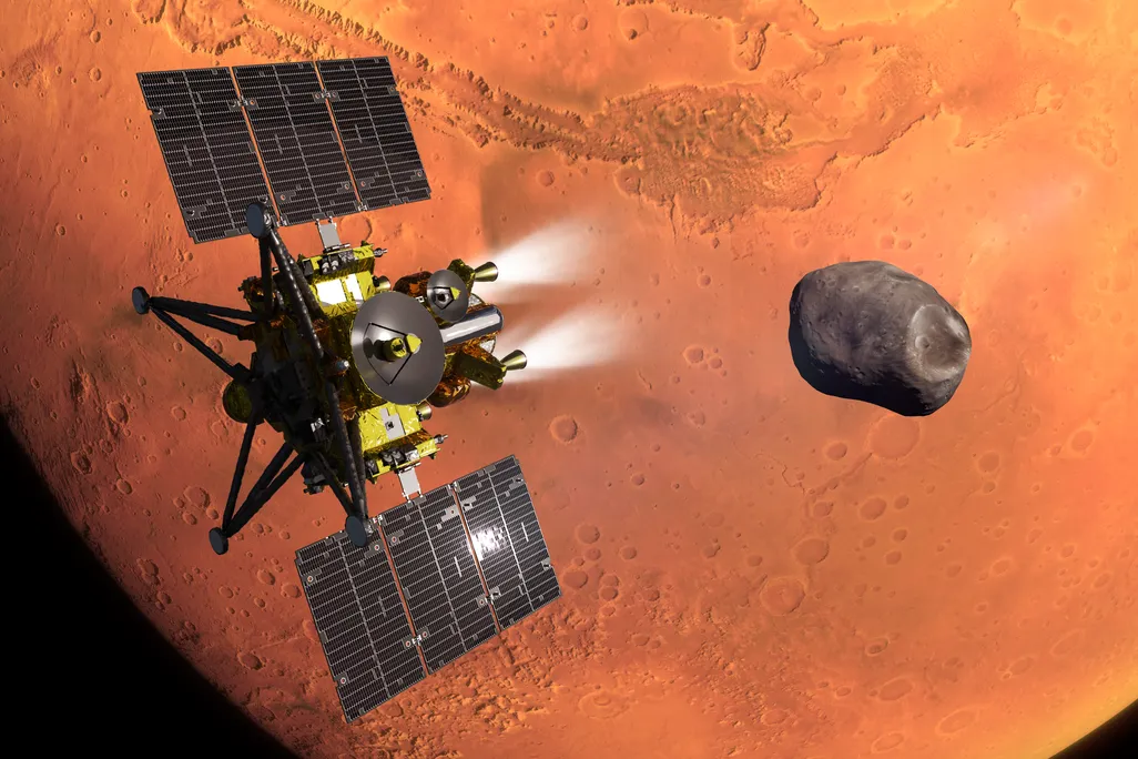 a spacecraft with a small rock and closeup of planet in background