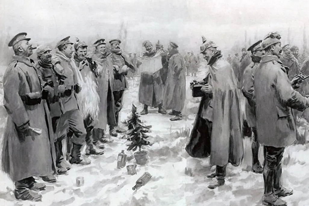 A drawing of the famous Christmas Truce of 1914, when German and British soldiers left their trenches to meet, talk and swap food in no-mans land