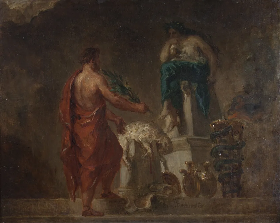 A Eugène Delacroix painting of Lycurgus consulting the Pythia at Delphi