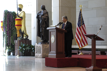 The Honorable Senator Daniel Kahikina Akaka speaking during the lei-draping ceremony to commemorate King Kamehameha Day. June 7, 2009, the U.S. Capitol Visitors’ Center Emancipation Hall, Washington, D.C. (Courtesy of the U.S. Senate)