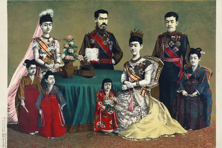 The Meiji Emperor, who issued an influential educational announcement in 1890, poses with the imperial family. 