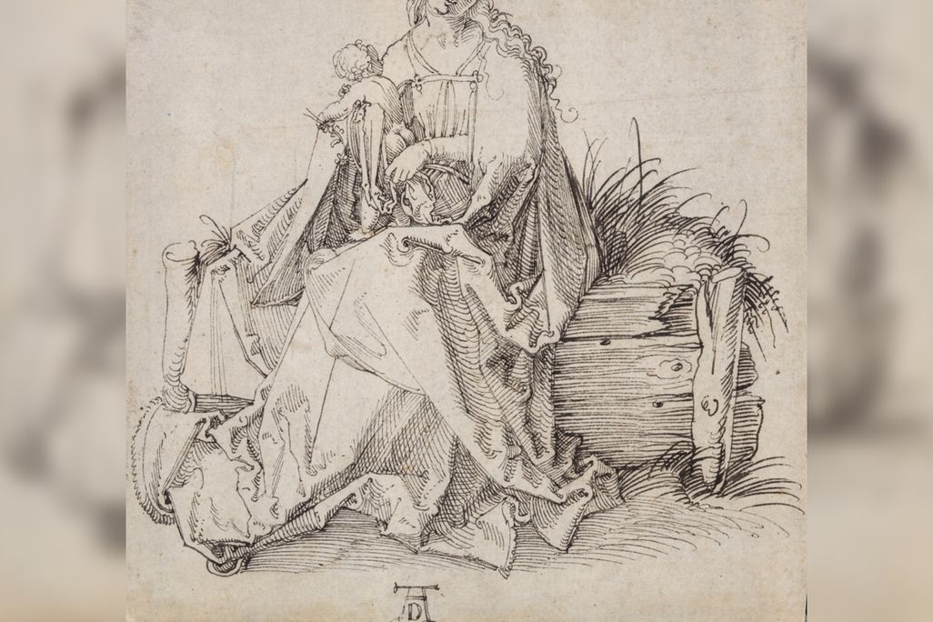 A sketch of the Virgin Mary, smiling and seated on a grassy patch of grass held up by a wooden fence, holding a squirming baby Jesus