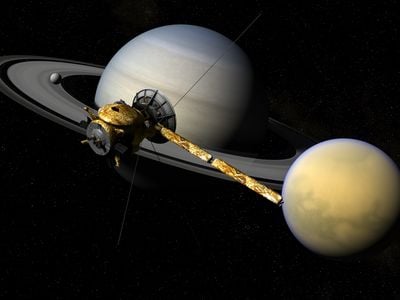 An illustration shows the satellite Cassini moving near Saturn and its largest moon Titan